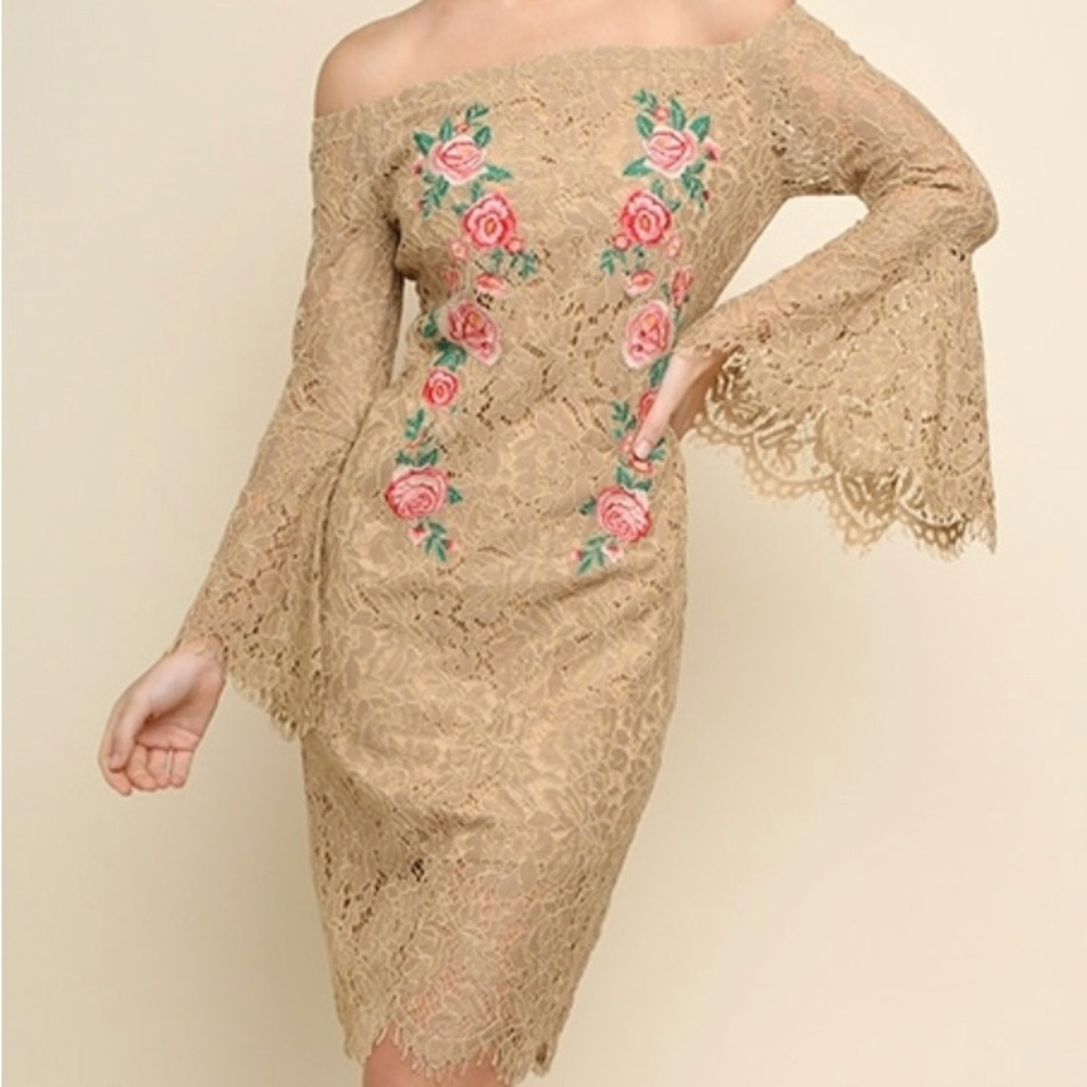 Umgee Beige Lace Off-Shoulder Dress with Pink Rose Embroidery